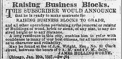 A contractor offers to raise buildings, 1857